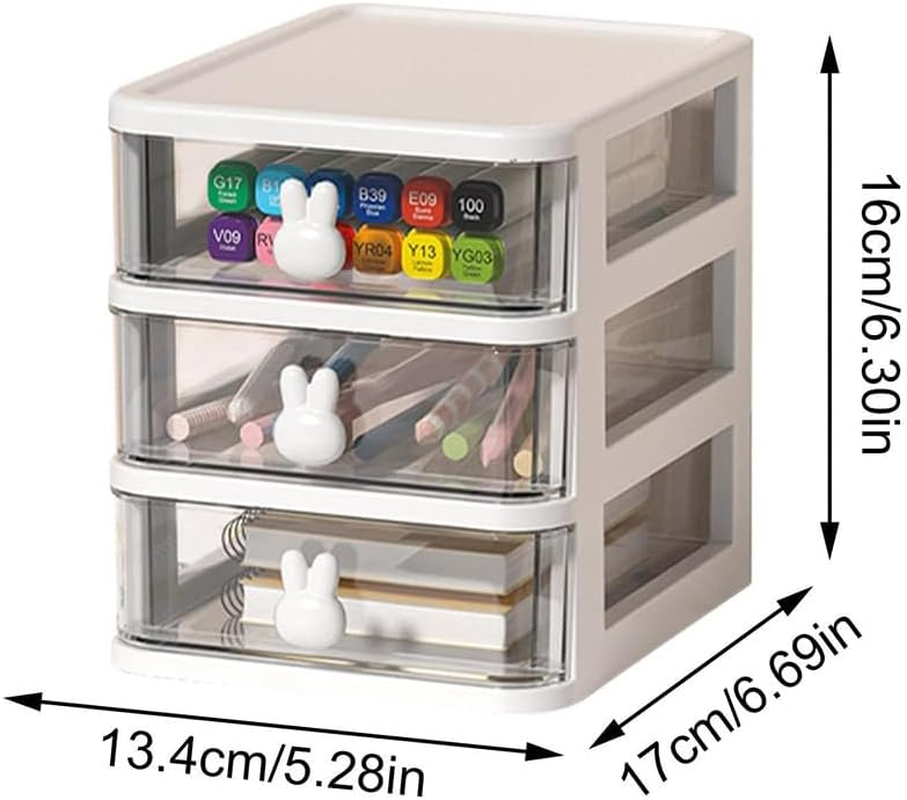 AIMALL Bunny Desktop Storage Box &ndash; Transparent Drawer Organizer for Students and Cosmetics, 3-Tier Plastic Finishing Box, 6.69 X 5.28 X 6.3 Inches, Pink/White image number 6