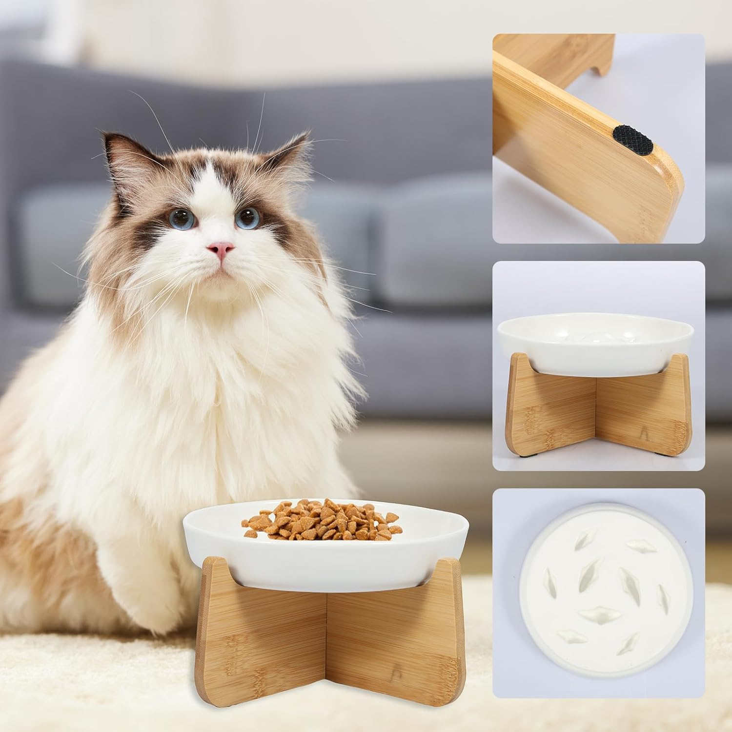 Raised Ceramic Slow Feeder Cat Bowl with Wood Stand, 6.4&times;1.14In Elevated Feeding Bowl Anti-Vomiting Non-Slip Slow Eating Dish for Cats (White) - Green image number 7