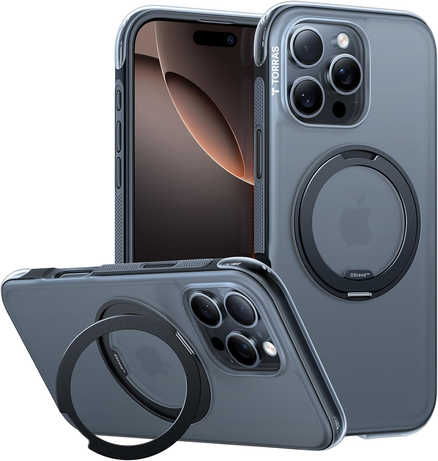 TORRAS 360&deg;Rotatable Magnetic Ring for Iphone 16 Pro Case, Fit for Magsafe with Stand & Ring Holder, 16FT Military Grade Shockproof Translucent Back for Iphone 16 Pro, Black