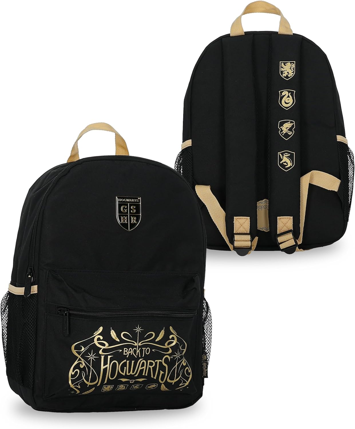 Harry Potter Hogwarts Crest Small Black Nylon Backpack for School or Kids Travel, Side Meshed Pockets, Includes Personalised Name Label