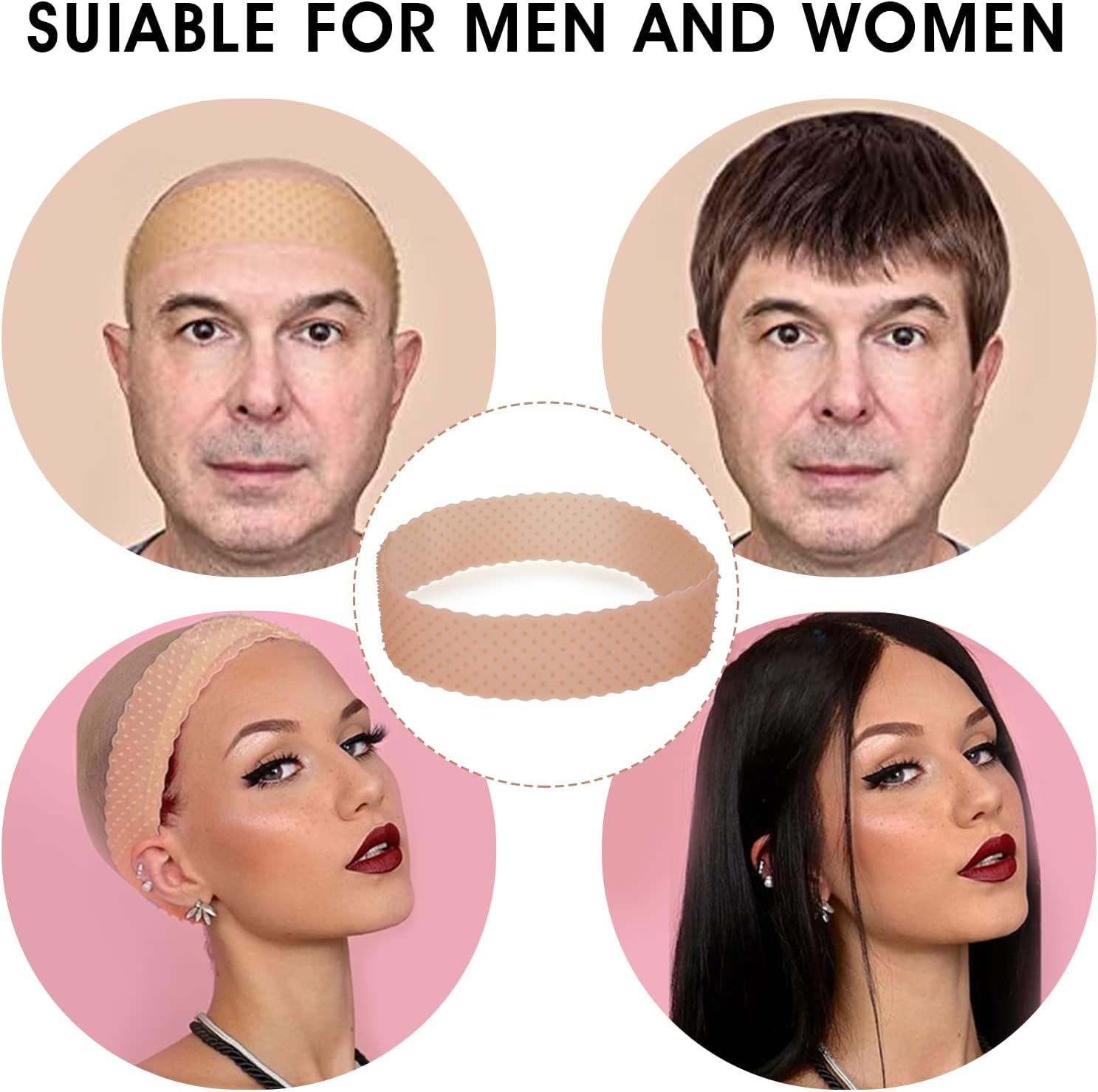Molain 4Pc Adjustable Silicone Wig Grip Headbands for Women & Men, Non-Slip, Sweatproof, Waterproof - White,Brown image number 3
