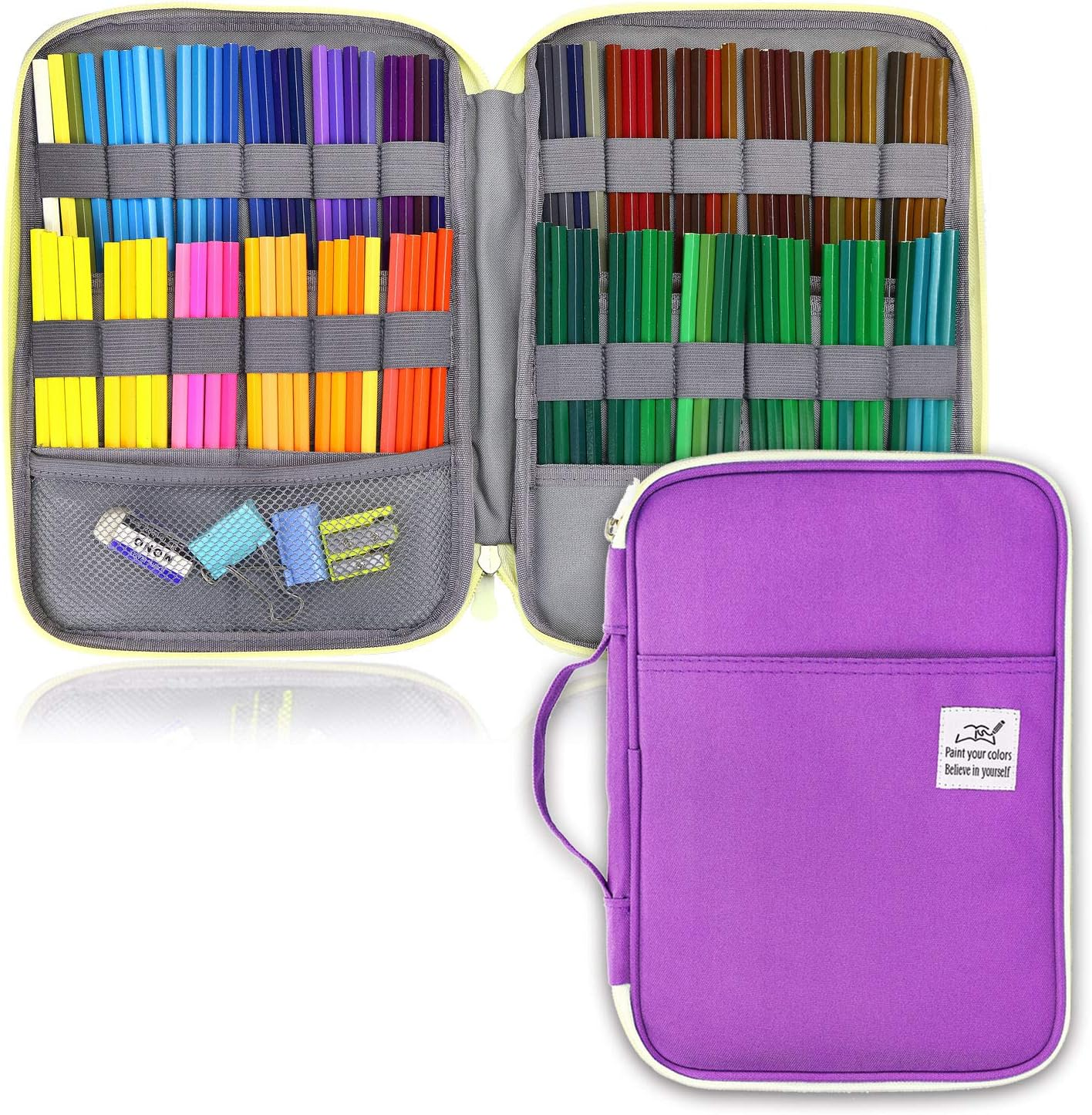 YOUSHARES 96 Slots Colored Pencil Case, Large Capacity Pencil Holder Pen Organizer Bag with Zipper for Prismacolor Watercolor Coloring Pencils, Gel Pens & Markers for Student & Artist (Purple) image number 3