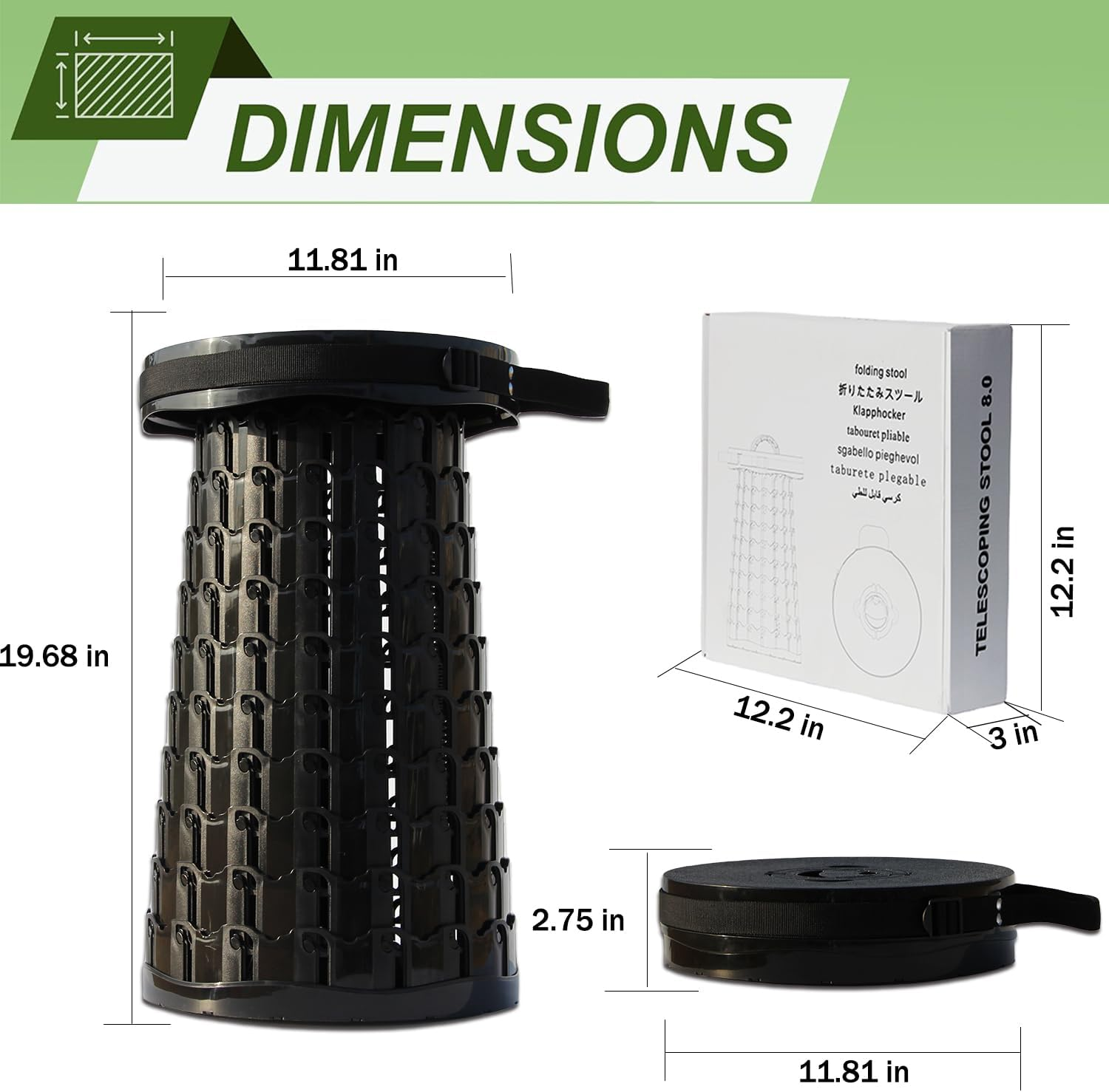 ALEVMOOM Upgraded XXL Collapsilbe Stool with Cushion,More Sturdy and Height 50Cm,D30Cm,Portable and Lightweight Adjustable Telescoping Stool for Camping Hiking BBQ Max Loading 1000Ibs - Green Verdant image number 2