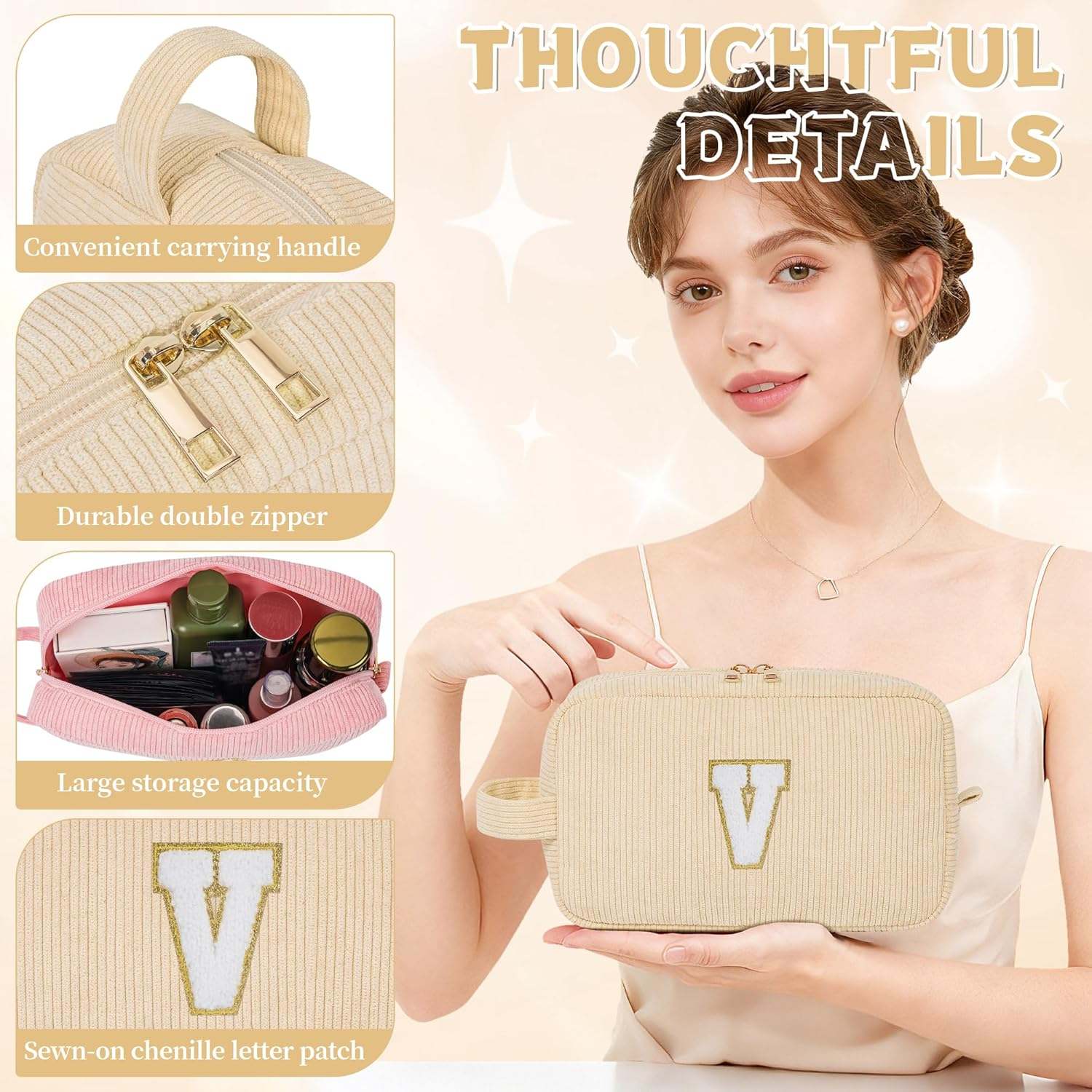 WELIDAY Personalized Initial Makeup Bag, Travel Chenille Patch Cosmetic Bag, Preppy Corduroy Toiletry Bag Monogram Cosmetic Pouch with Zipper, Ideal Gift for Teen Girls Women (Ivory White, V)