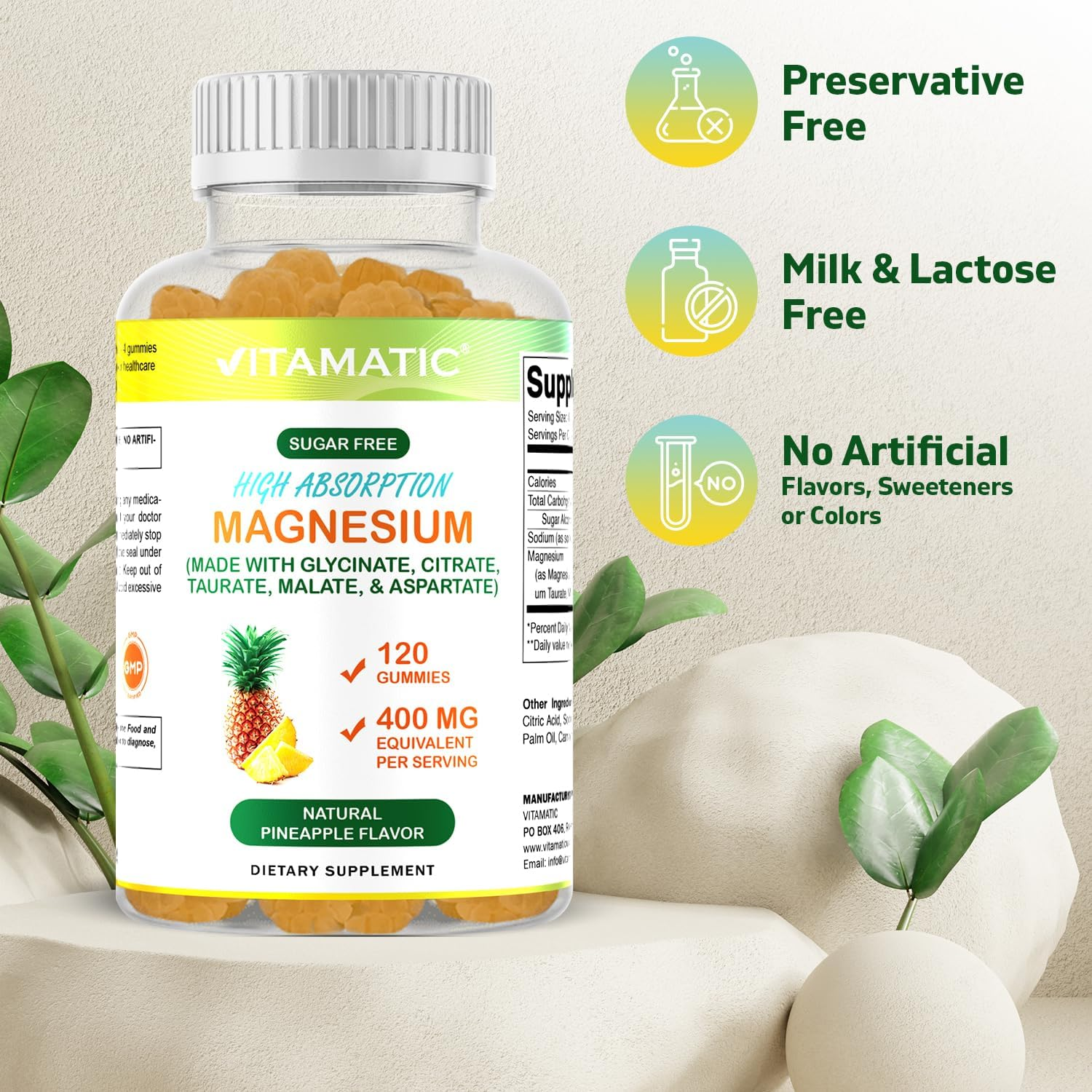 Vitamatic Sugar Free Magnesium Gummies - (MADE with GLYCINATE, CITRATE, TAURATE, MALATE, & ASPARTATE) - 400 Mg per Serving - 120 Gummies - Promotes Healthy Relaxation, Muscle, Bone, & Energy Support image number 3
