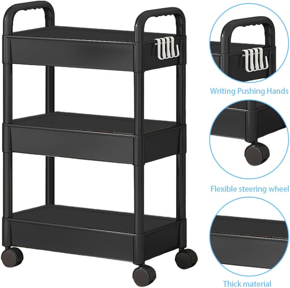 Storage Rolling Cart, 3-Tier Snack Organiser Trolley, Rolling Shelf with Wheels & Hooks,Movable Storage Organizer for Home Kitchen Organization (Black