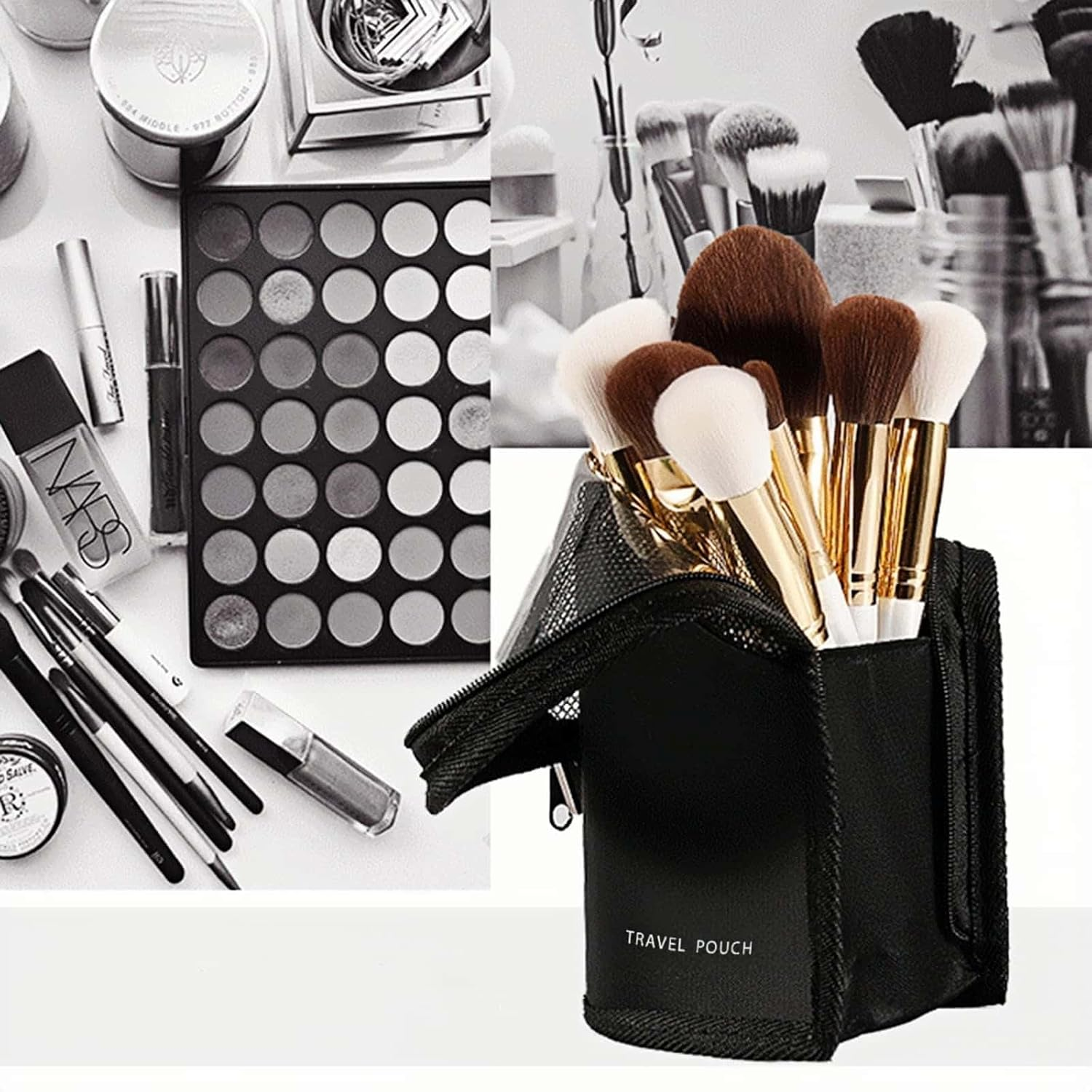 Makeup Brush Holder Travel, Mesh Cosmetic Organizer Bag with Zipper (Black) - Black image number 3