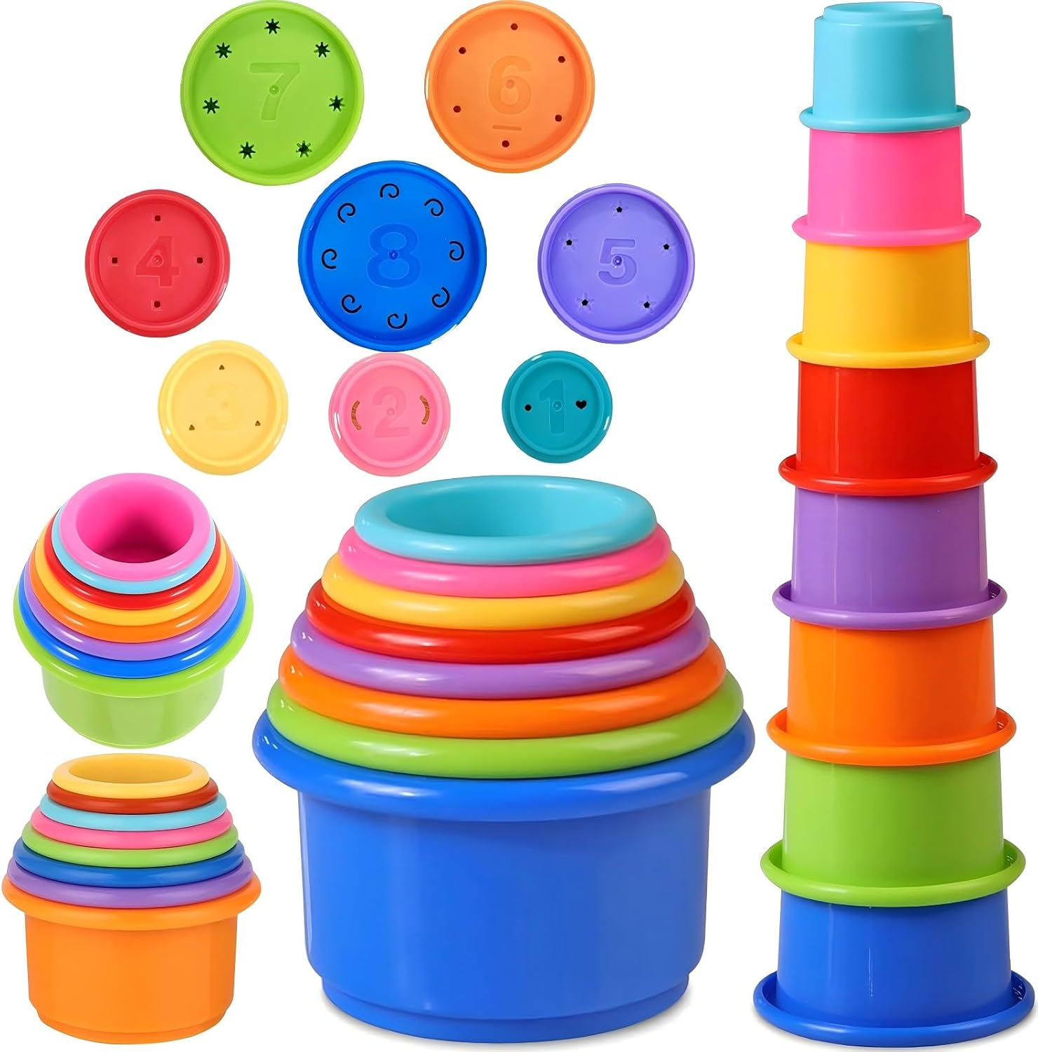 Stacking Cups, Toys for Toddlers 1-3 Year Old Stack and Count, Colorful Baby Stacking Water Set, Stackable Cups for Learning, Toddler Water Table Toy, Baby Bath Toy, Toddler Cup Toys (8 Count)