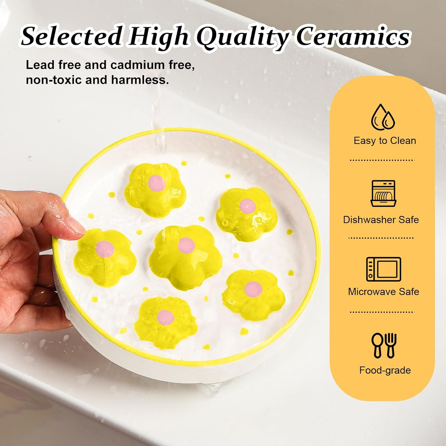 Ceramic Slow Feeder Bowl for Cats - Healthy Eating Colorful Design - Cute Food Plate Puzzle Feeder Dish - Dishwasher Safe - 6.3" W X 1.2" H - 6 OZ - Yellow Flowers