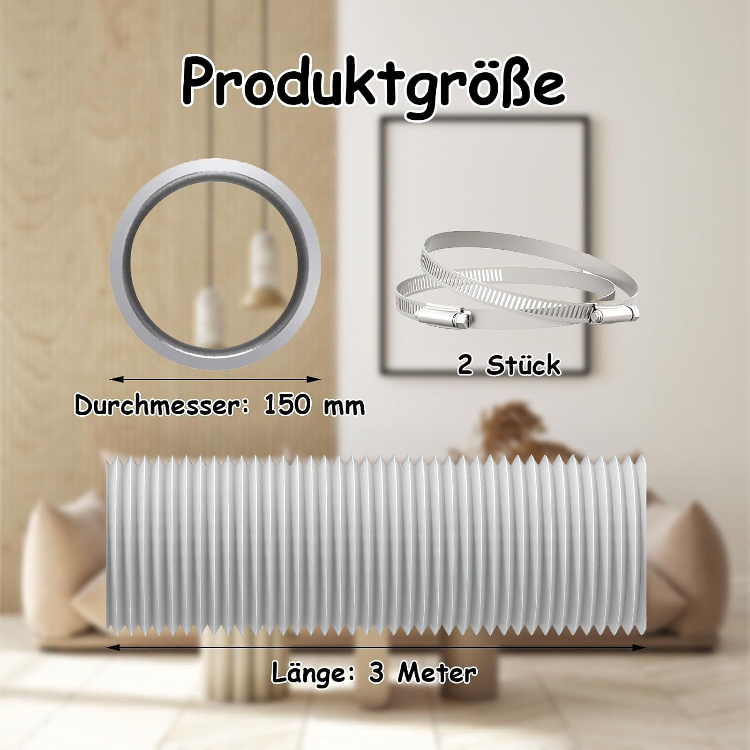 Exhaust Hose 150 Mm, Exhaust Hose Air Conditioner, 3 Metres Ventilation Hose with 2 Hose Clips for Mobile Air Conditioning, Dryer, Exhaust Fan, Extractor Hood, Ventilation System, White