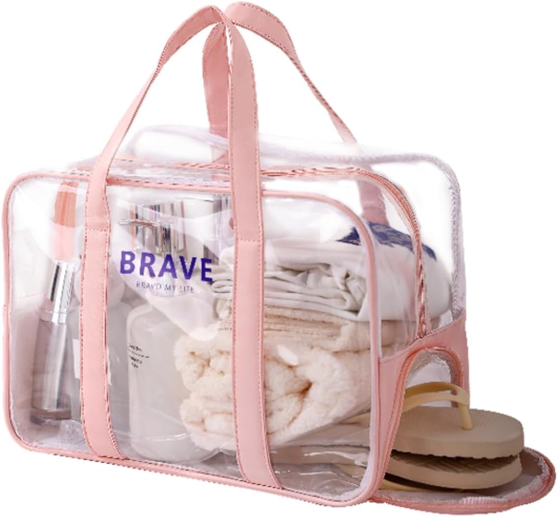 Large Clear Toiletry Bag for Women, Waterproof PVC Beach Bag Swim Bag Gym Bag, Clear Makeup Cosmetic Bag, Transparent Travel Toiletry Bag Travel Accessories Tote Bag, PVC Bag (Pink, 34 * 18 * 25Cm) image number 1