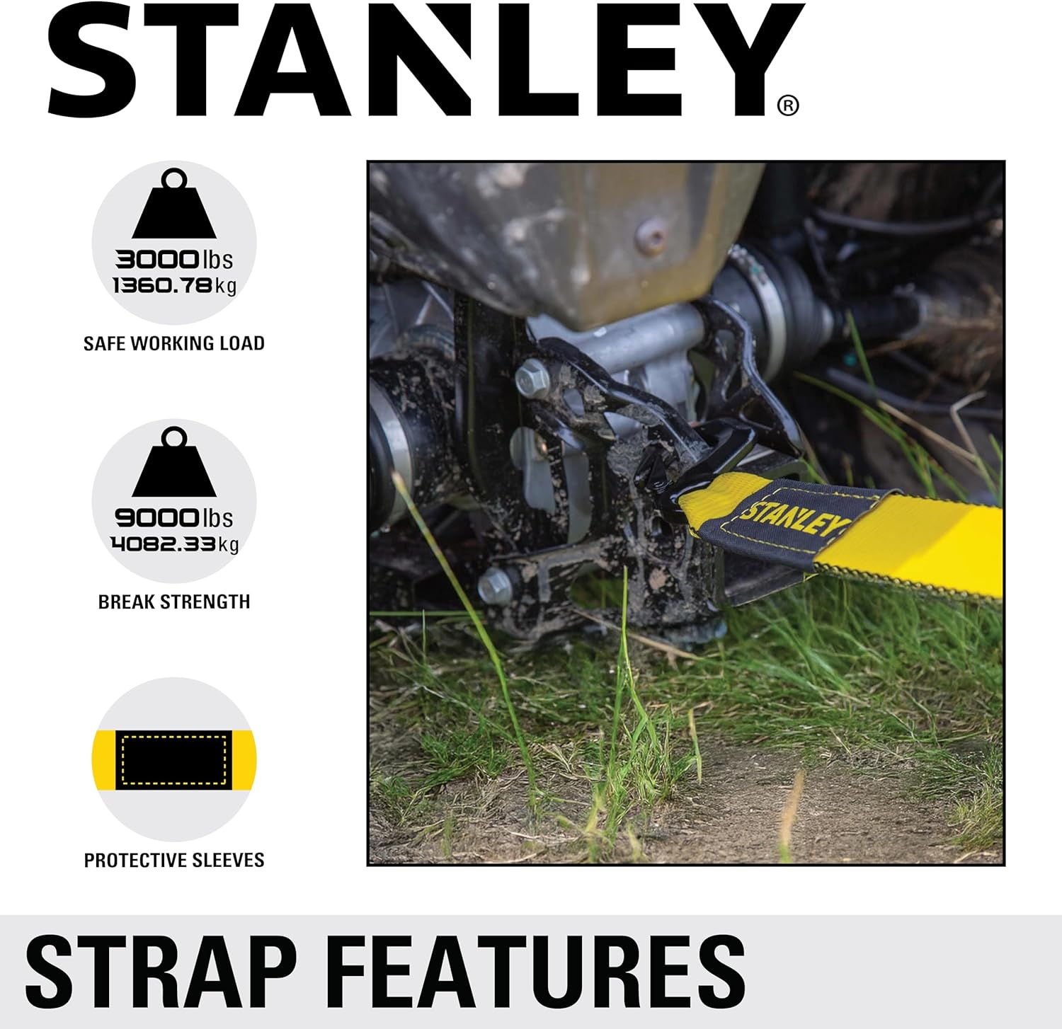 STANLEY &lrm;S1053 Black/Yellow 2" X 30' Heavy-Duty Tow Strap with Black Forged Steel Hooks - 3,000 Safe Working Load / 9,000 Lb Break Strength image number 1