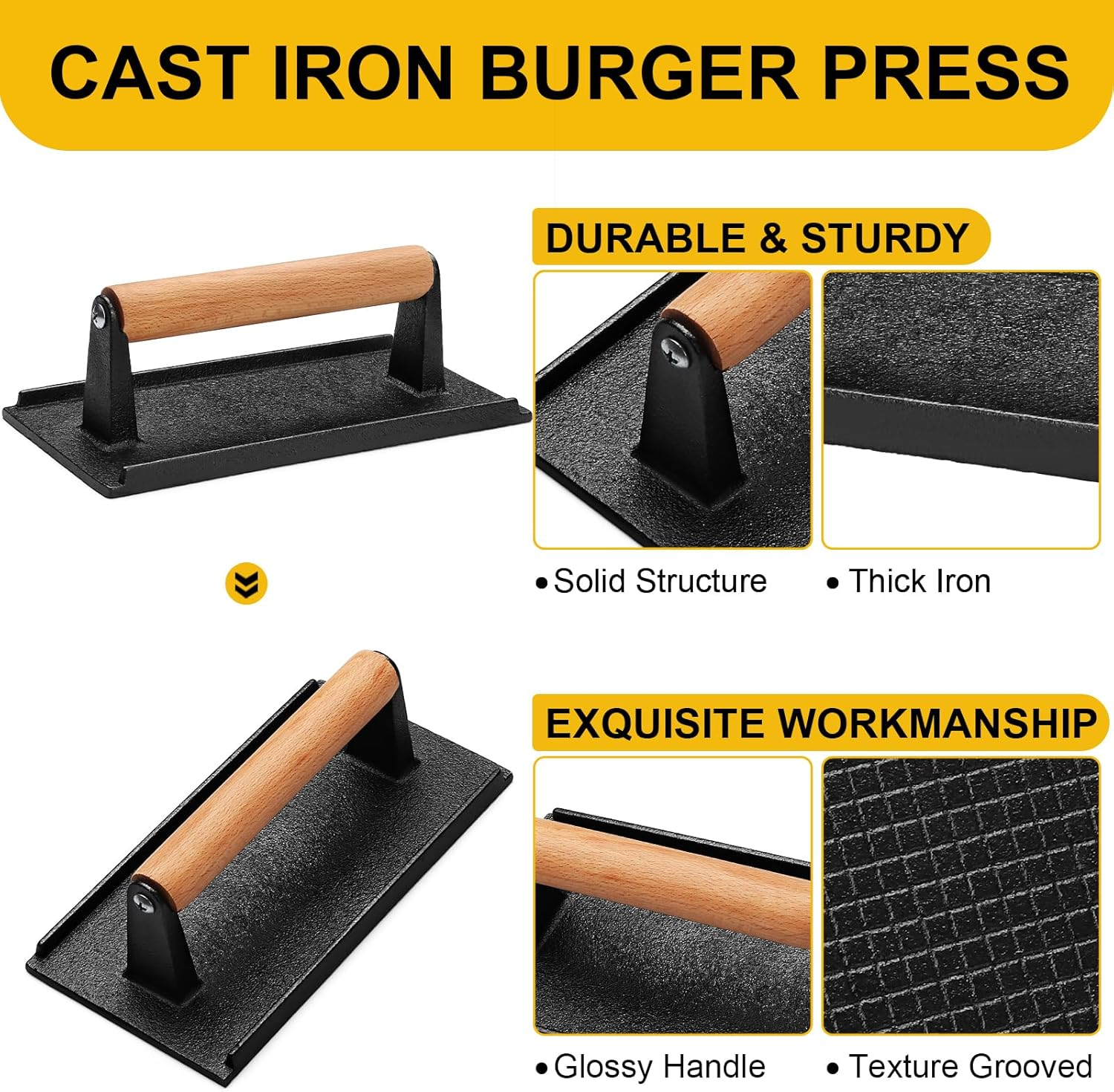 AIVIKI Burger Press, Smash Burger Press for Blackstone Griddle, Heavy Duty Cast Iron Rectangular 8.2X4.2In Bacon Grill Press with Wood Handle, Meat Steak Weight for Sandwich, Paninis (Rectangle) image number 3