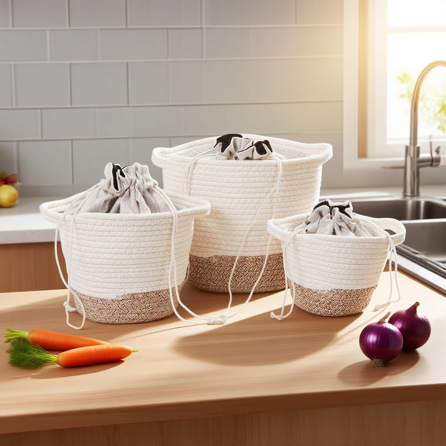 Relaxdays Potato Storage, 3-Pack, Potato Bags with Handles, Cotton & Polyester, Different Sizes, White/Beige image number 1