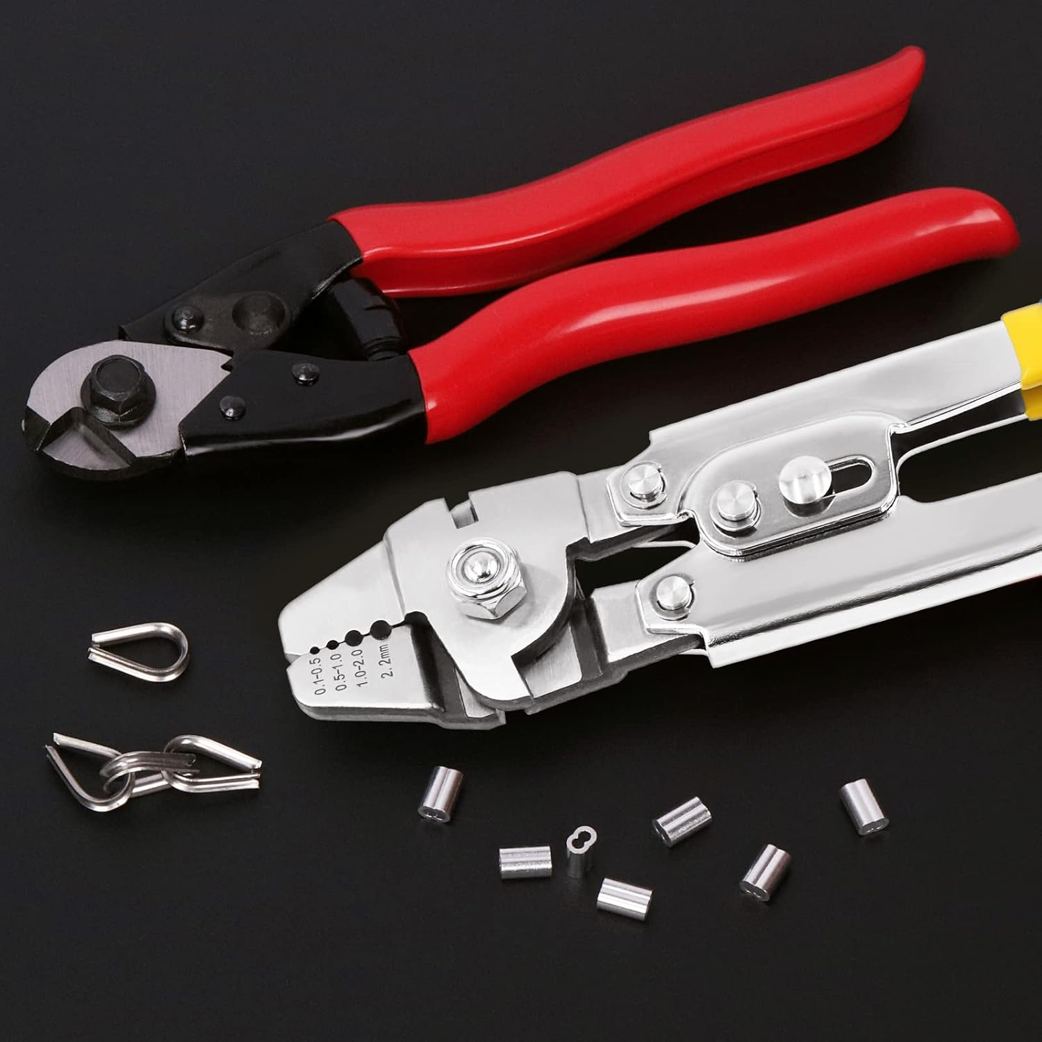 Swpeet 83Pcs Wire Rope Crimping Tool Set, Cable Crimps up to 2.2Mm and Cable Cutter up to 5/32", 3 Size Aluminum Double Crimping Loop Sleeve, 2 Size Stainless Steel Thimble and Cut Resistant Gloves image number 2