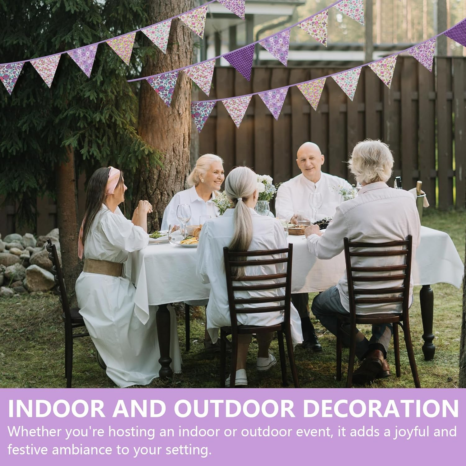 33Ft Floral Triangle Flags, Vintage Bright Triangle Pennants, Purple Bunting Garland Fabric Banner for Birthday Wedding Garden Party Afternoon Tea Decor Outdoor & Home Decoration image number 5