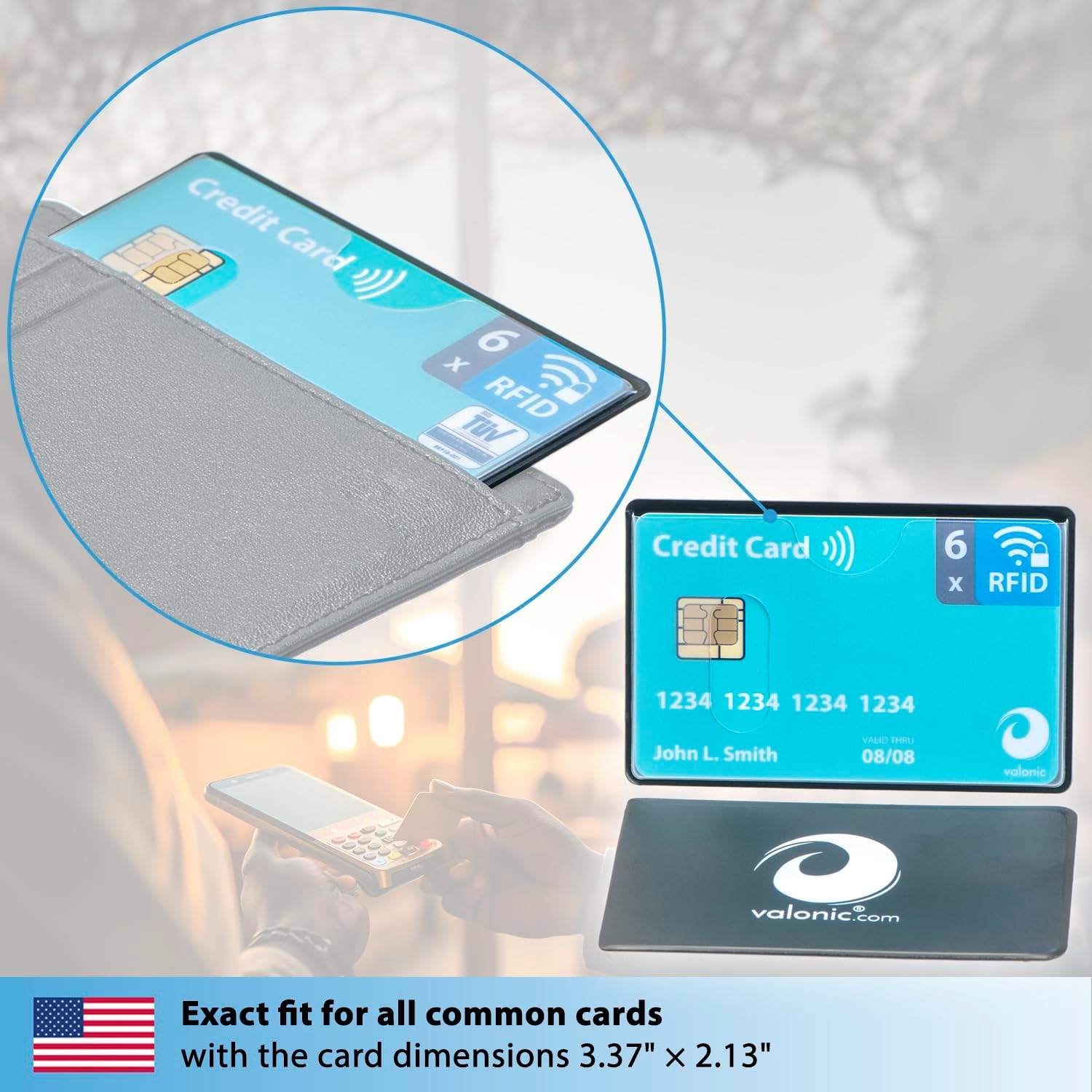 Valonic Set of 6 RFID Blocking Sleeves - Insertion from the Top, Credit Card Protector Sleeve for Wallet - Protection Block for Debit Card and Metro Card, Black/Transparent, 6 Pieces, Minimalist image number 3