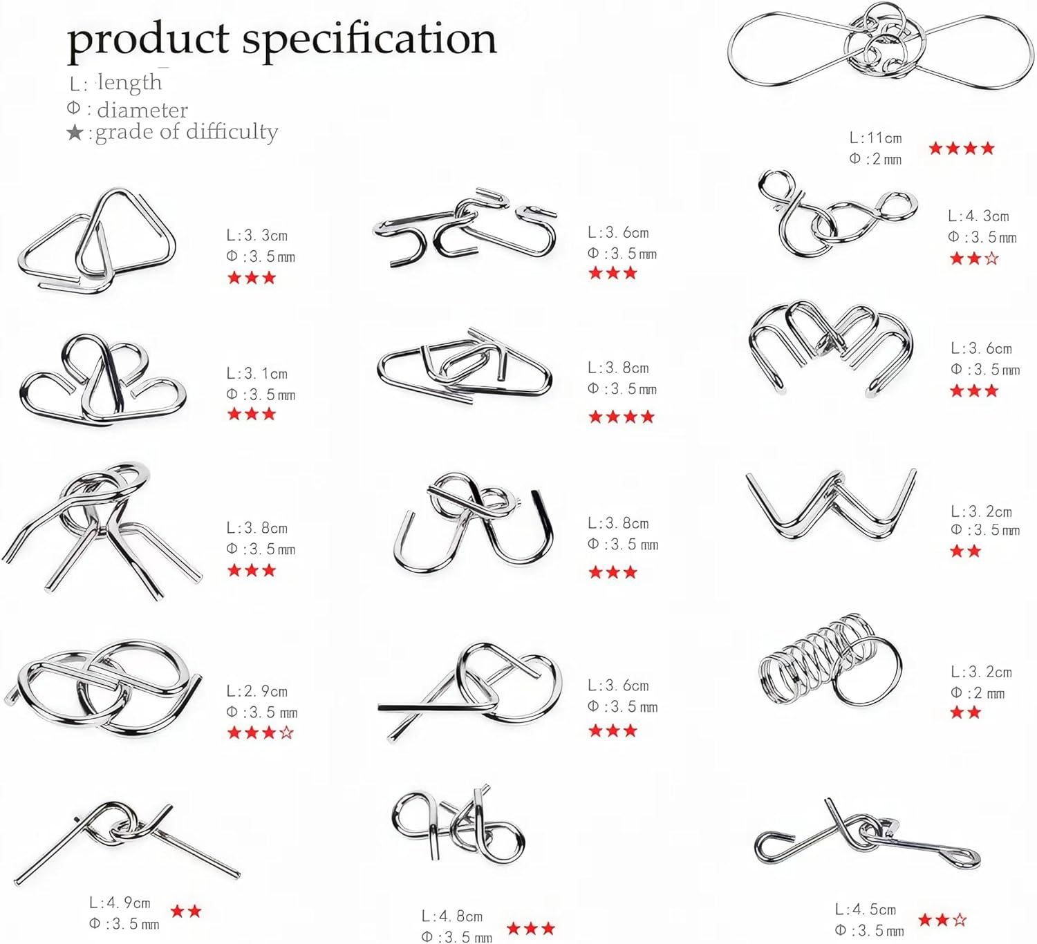 AUKEXLY Metal Wire Puzzle Set of 24 with Pouch,Brain Teaser IQ Test Disentanglemen Iron Link Unlock Interlock Game Chinese Ring Magic Trick Toy for Party Favor Kids Adults Challenge image number 5