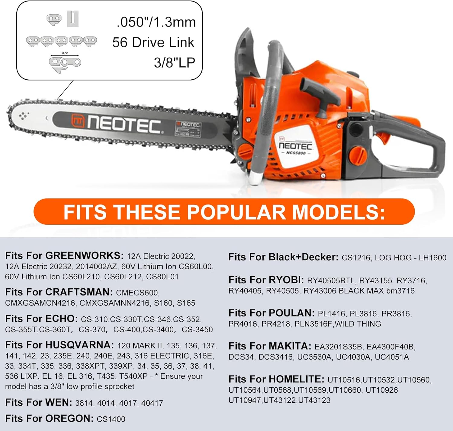 NEO-TEC 16 Inch Chainsaw Chain 3 Pack - S56 - .050" Gauge, 3/8" Low Profile Pitch, 56 Drive Links Compatible with Echo, Shindaiwa, Craftsman, Poulan, Ryobi, Greenworks and More image number 5