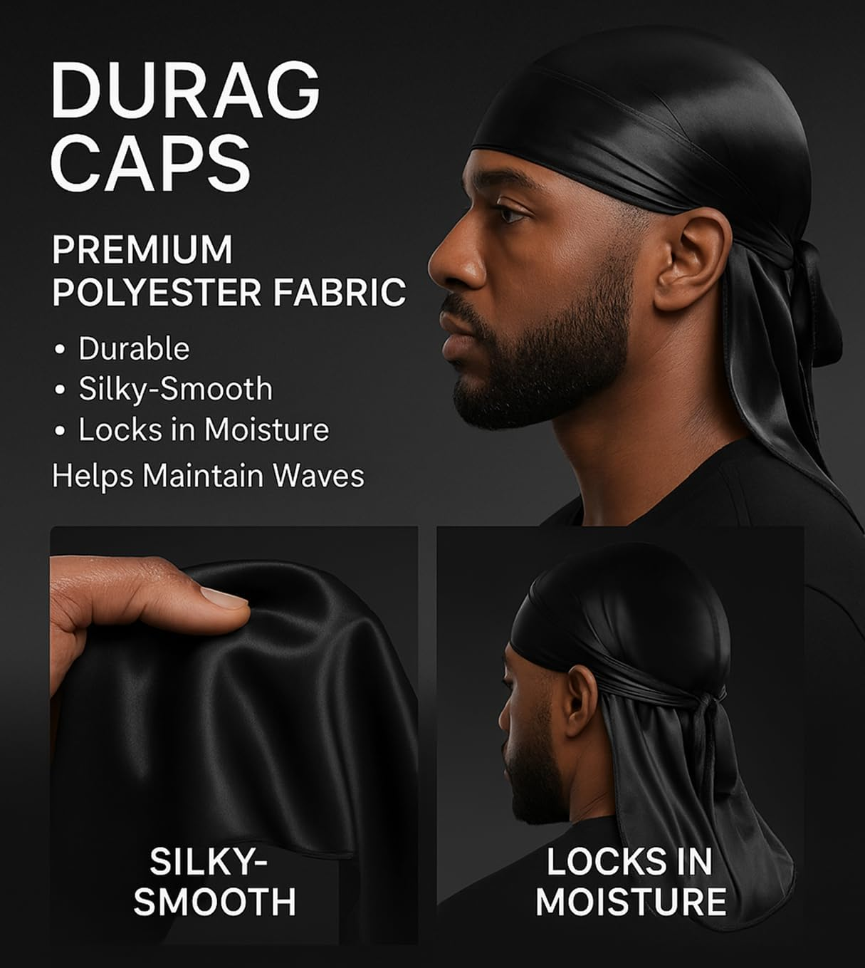 3PCS Silky Durags for Men Wave, Satin Doo Rags for 360, 540, 720 Waves (Black)