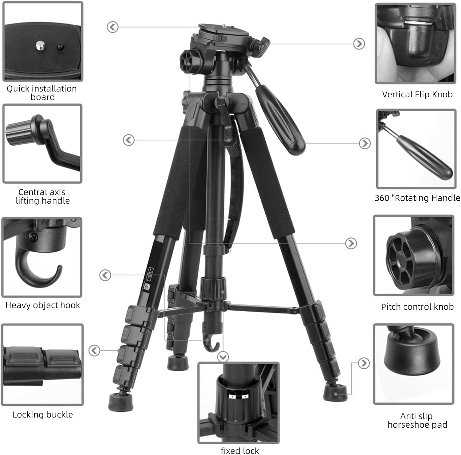 STEUGO 74"/188CM Camera Tripod Stand, Foldable Aluminum Tripod, 360&deg; Ball Head Detachable Camera Tripod, Spotting Scope Tripod with Carry Bag, Support Canon,Sony,Nikon,Dslr Camera, Cellphone (Black)