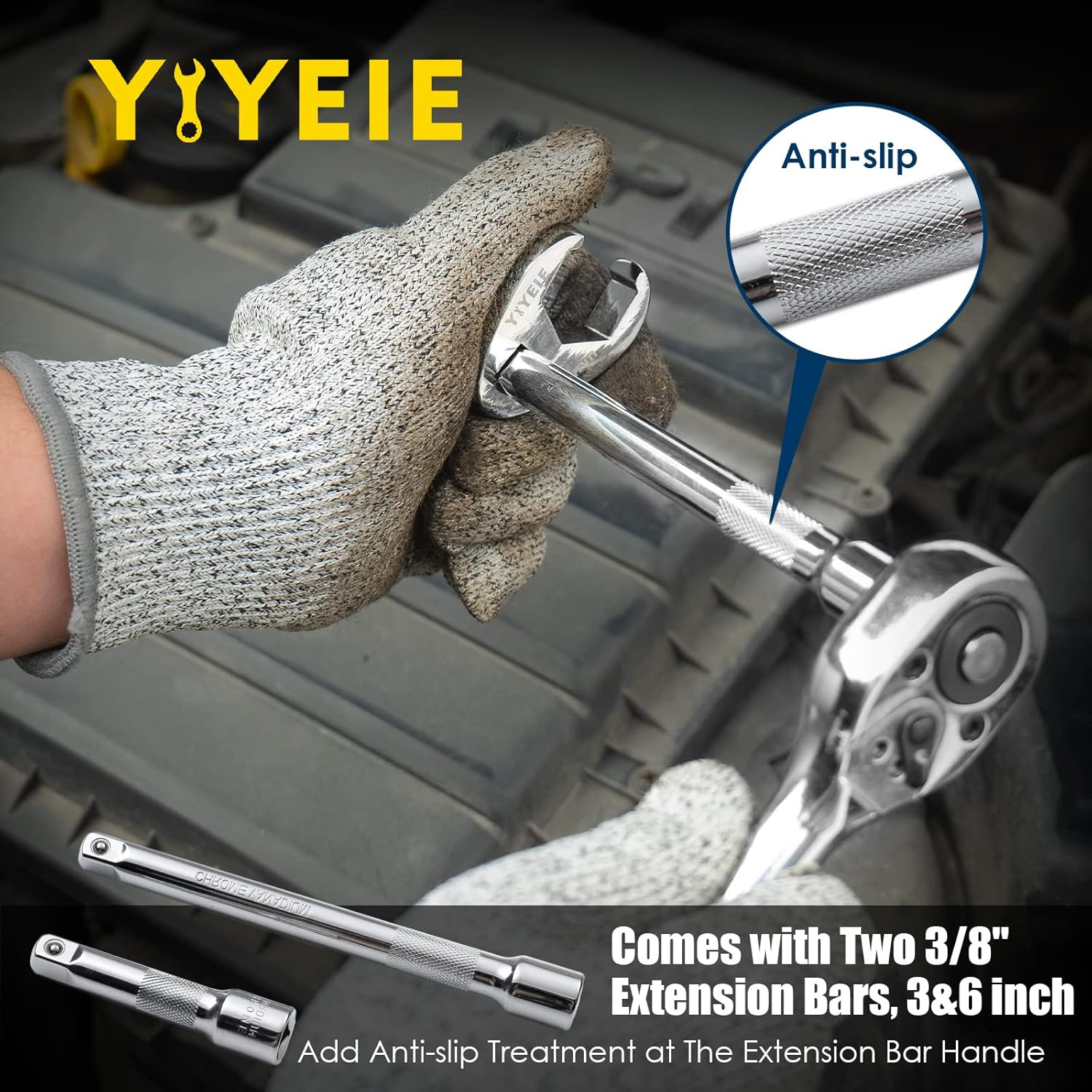 YIYEIE 3/8" Drive Crows Foot Wrench Set, 24PCS Flare Nut Crowfoot Wrench Set, Metric & SAE, 8-22Mm & 5/16"-7/8", CR-V Steel, Crows Feet Wrench Set with 2 Extension Bars, Line Wrench Set with EVA Foam