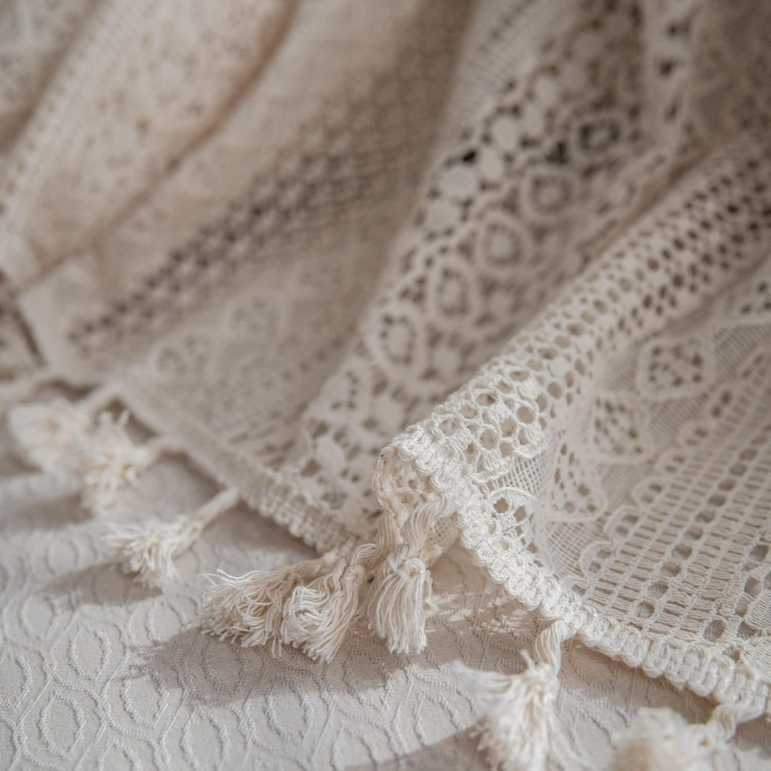 2 Panels Boho Windows Sheer Curtains Crochet Vintage Cotton Tassel Window Curtains Panels for Bedroom Living Room (Crochet Beige, 59X63) image number 2