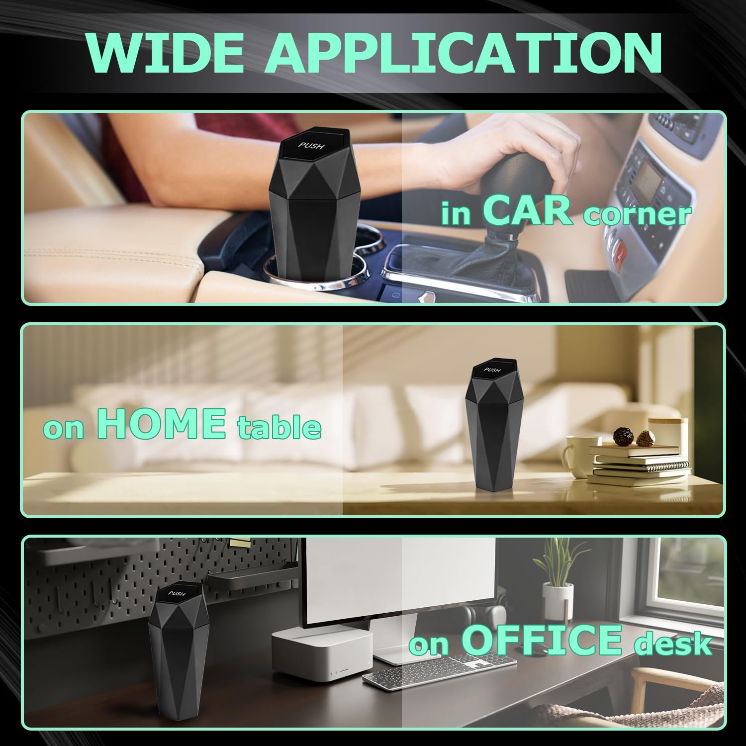 Car Trash Can with Lid, Leakproof Automotive Portable Trash Bin, Diamond Design Easy to Clean Plastic Desktops Dustbin Organizer for Car Home Office with 90Pcs Trash Bags