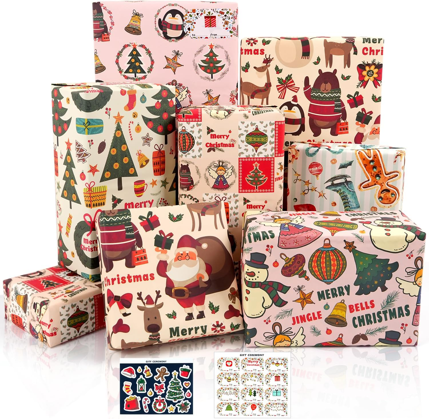 MAMUNU Christmas Wrapping Paper Sheets, Cute Pink Xmas Kraft Gift Wrapping Paper for Kids Girls Women, Assorted 6 Designs Classic Wrap Paper Set for Christmas New Year Holiday, 20 &times; 28 Inch