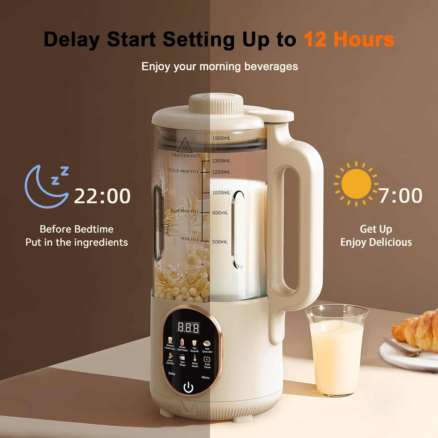1500Ml Automatic Nut Milk Maker 20 Blades for Almond Oat Soy 10 in 1 Milk Plant Based Milks Chowder Juice with Delay Start Boil Water Keep Warm Auto Clean image number 2