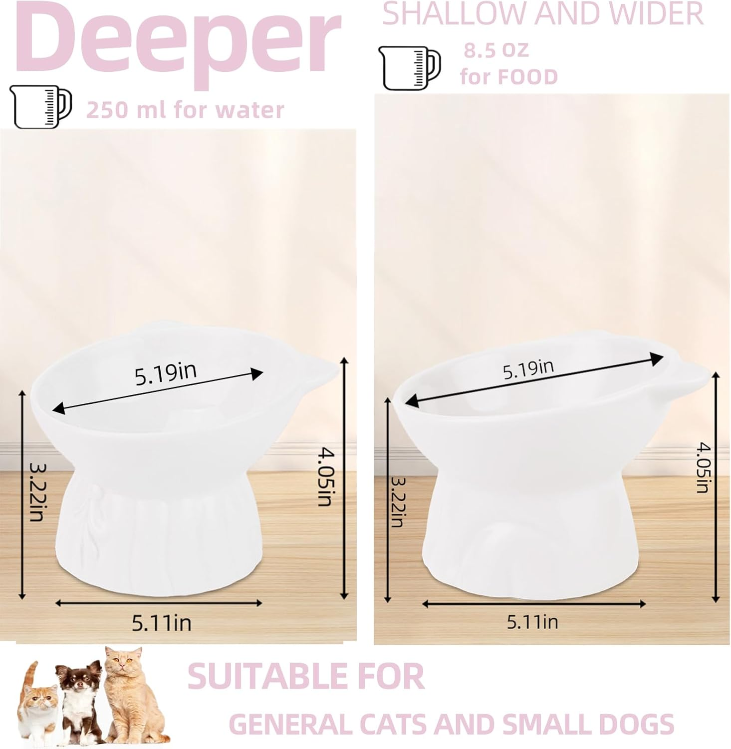 Ceramic Elevated Cat Bowls, 2Pc Extra Wide Raised Cat Bowls for Food and Water, Shallow Cat Food Dish Whisker Friendly, anti Vomit Cat Bowls Microwave and Dishwasher Safe, Great Height for Cat (White) image number 1