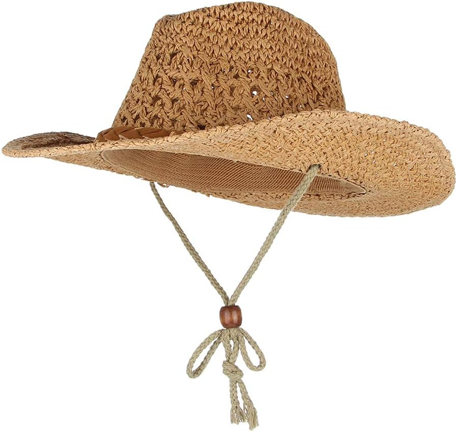 F Fityle Unisex Mens Womens Boys Girls Sun Hat Wide Brim Woven Western Straw Cowboy Hat - Khaki, Adult image number 1