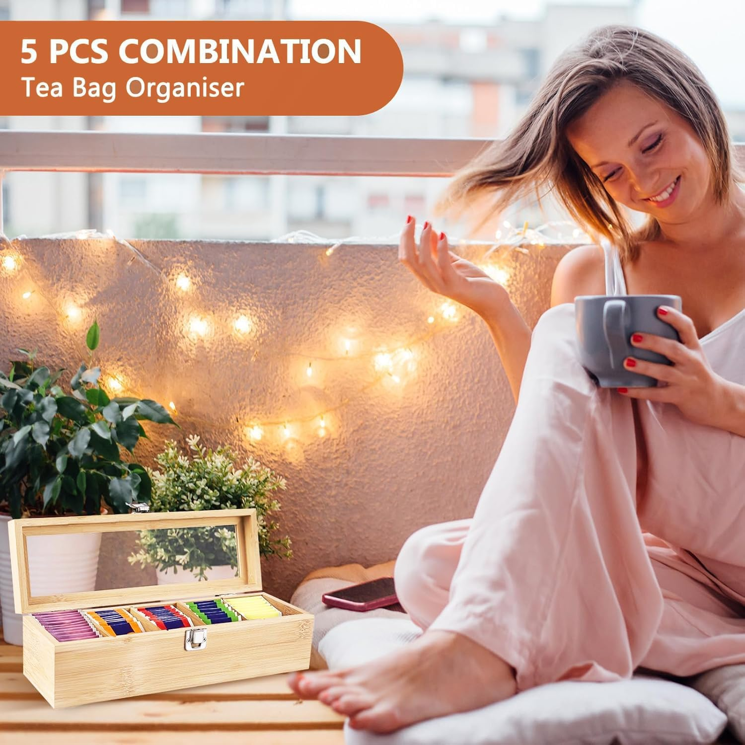 Tea Bag Organiser,Bamboo Tea Box,5 Compartments Tea Organiser,Tea Organiser Box with Clear Window,Tea Storage Containers, Tea Container for Tea Bags Coffee Spices Home