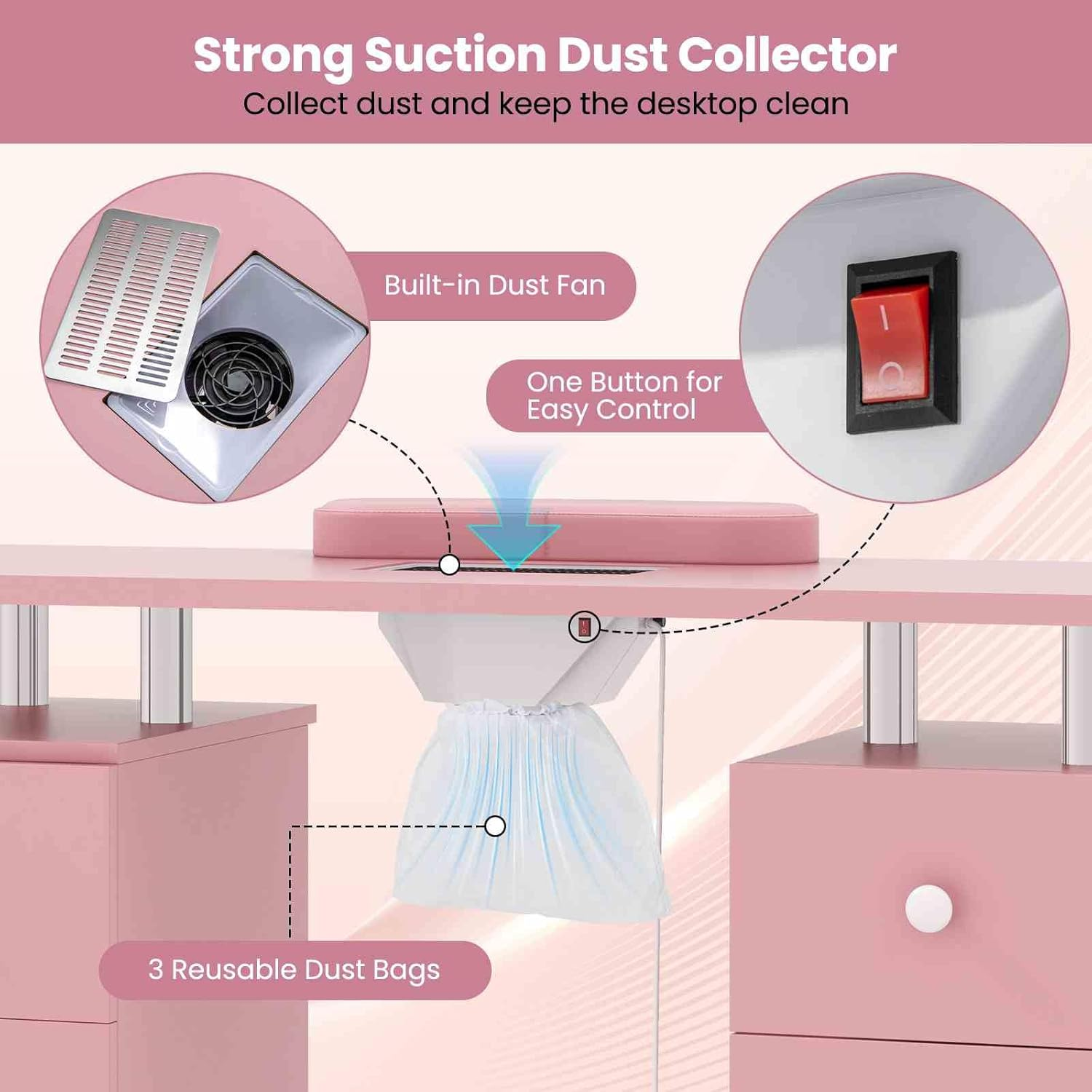 Costway Manicure Table Nail Desk W/Electric Dust Collector, 3 Dust Bags, Wrist Rest, Drawers, Movable Nail Tech Desk on 8 Lockable Wheels, Wooden Nail Art Workstation for Spa Beauty Makeup (Pink) image number 1