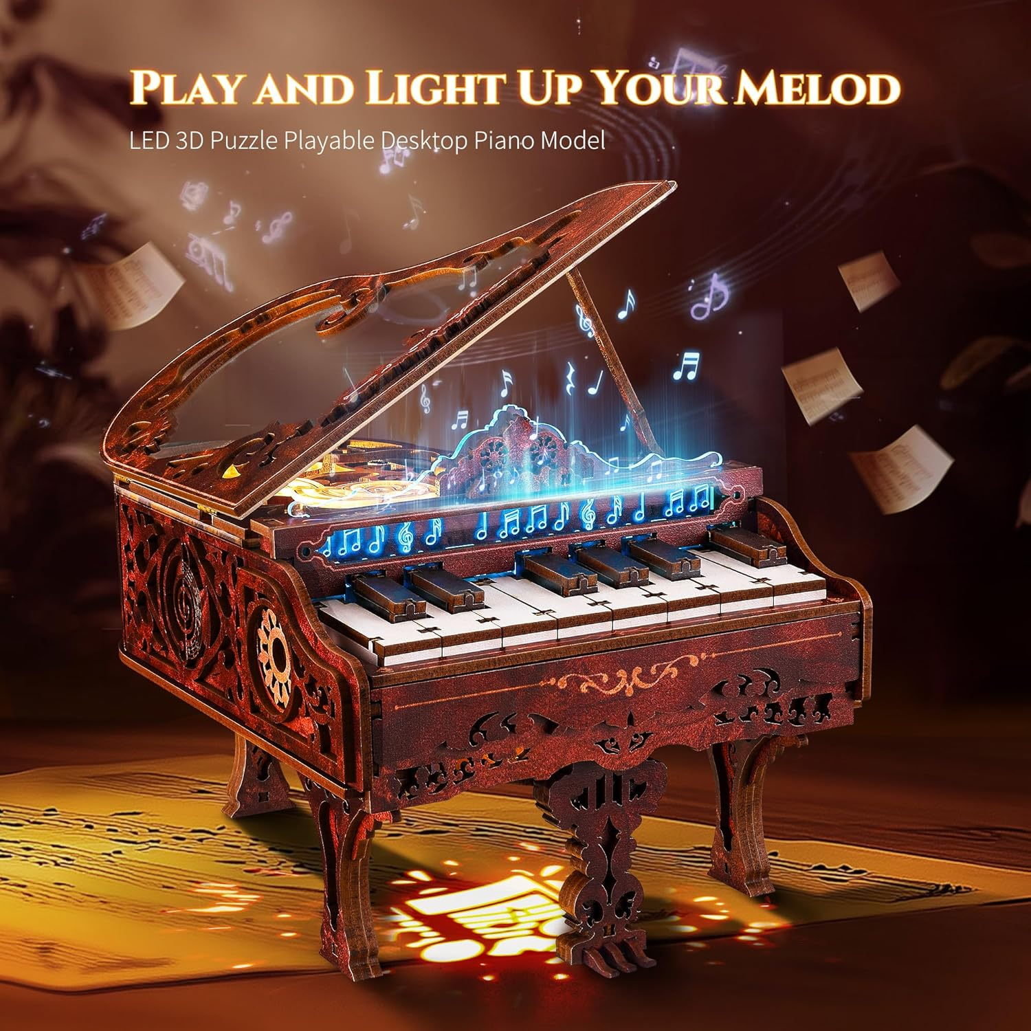 FUNPOLA 3D Wood Puzzle Piano Kit Playable Wooden Keyboard Model with LED Lights Interactive Craft Kit & Digital Piano Puzzle for Adults and Kids (With LED) - Without Led image number 4
