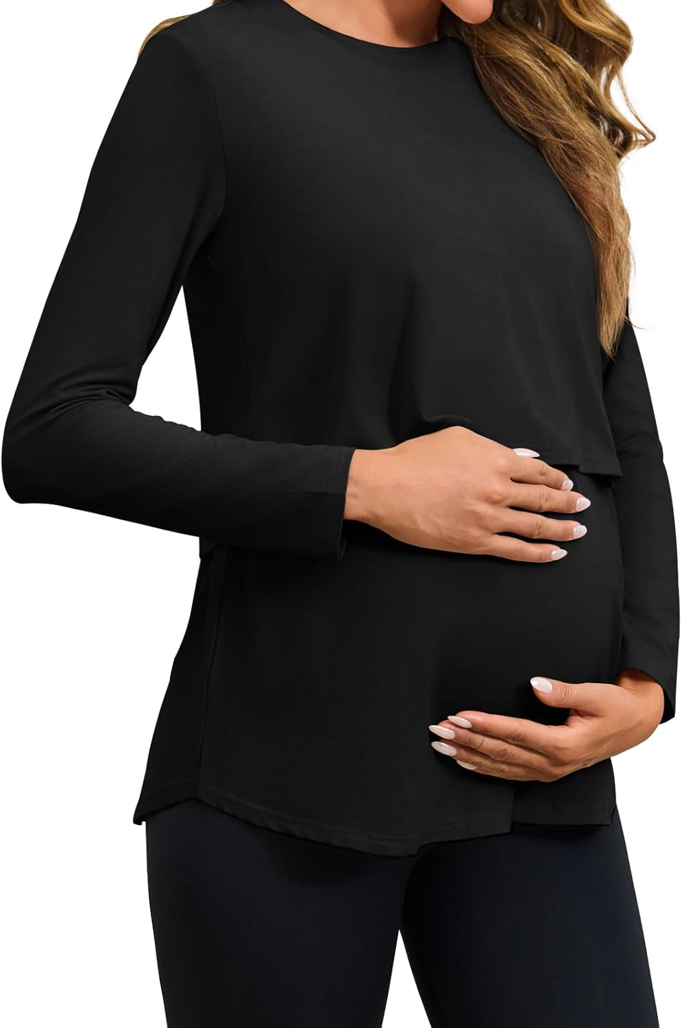 Tankaneo Womens Maternity Nursing Tops Casual Long Sleeve Double Layer Breastfeeding Shirts Pregnancy Clothes image number 6