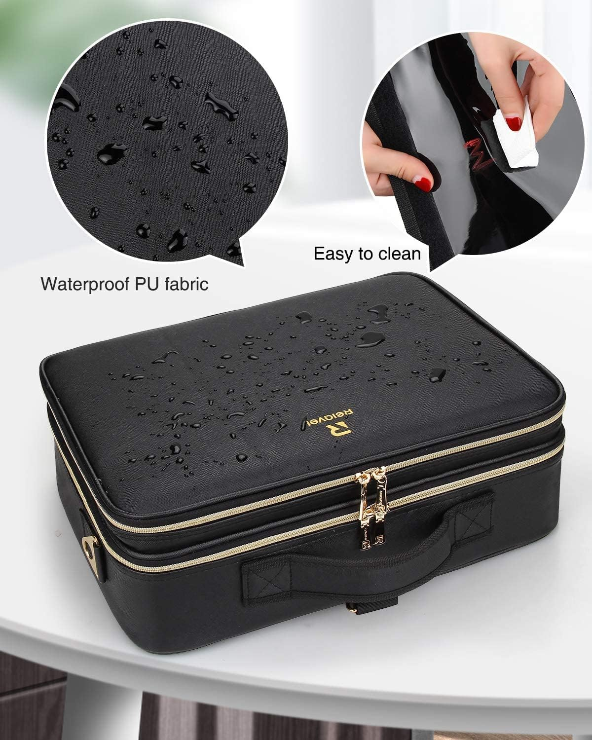 Samtour Makeup Train Case Cosmetic Bag Professional Brush Organizer and Storage Travel Make up Artist Box 3 Layer Large Capacity with Adjustable Strap (Leather Black, Large) image number 6