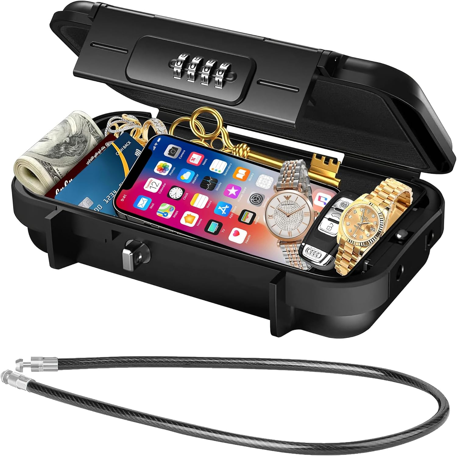 Aumerage Portable Safe Box, Combination Security Case Lockbox with Code, Waterproof Shockproof Travel Safe Lock Cash Box with Removable Wire Rope for Dorm, Travel, Beach, Hotel, Car, Home image number 4