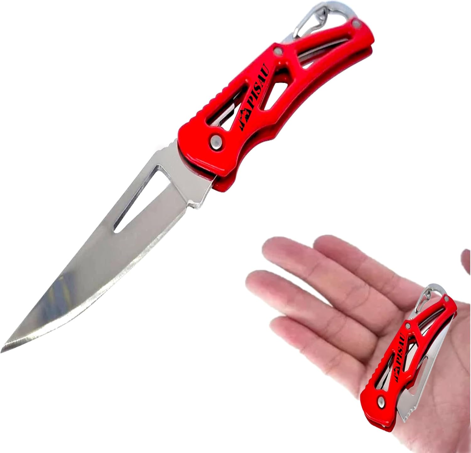 PISAU Small Stainless Steel Camping Folding Knife with Carbinner for Emergceny, Fishing and Camping (Pink) image number 2