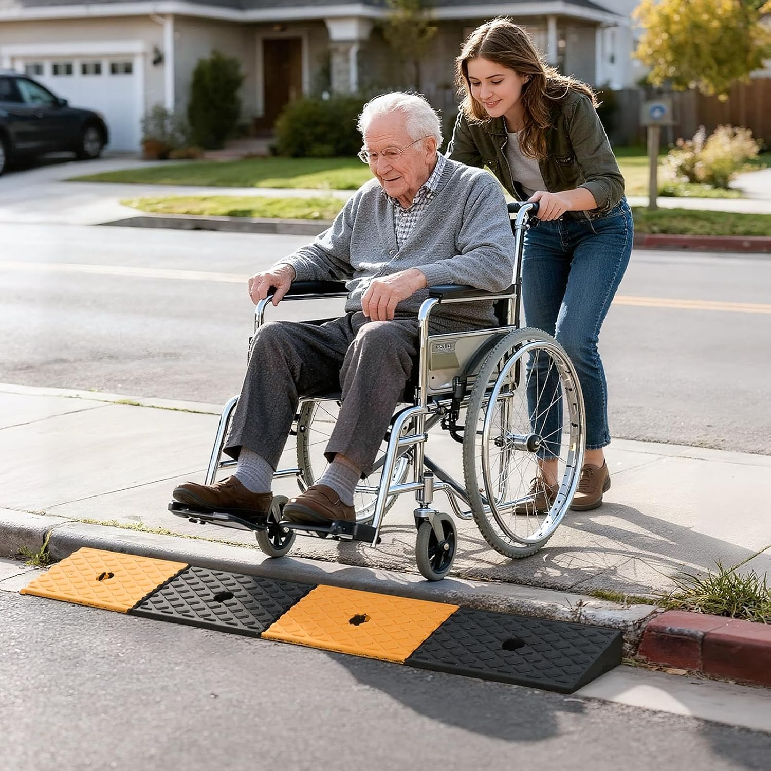 Rubber Curb Ramp 1 Pack 5 Cm Rise Height Heavy-Duty Car Ramp Industrial Rubber Sidewalk Curb Ramp Non-Slip Threshold Ramp Dual-Color Driveway Ramp for Cars,Trucks,Wheelchairs,Trolleys image number 2