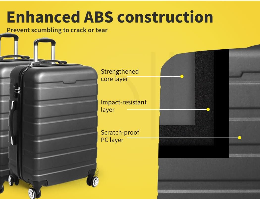 Slimbridge 3Pcs Luggage Set Suitcase Trolley, 20" 24" 28" Inch Sets Travel Packing with Built-In Lock, Hard Shell 360&deg; Wheels Spinner Luggages Suitcases, Dark Grey