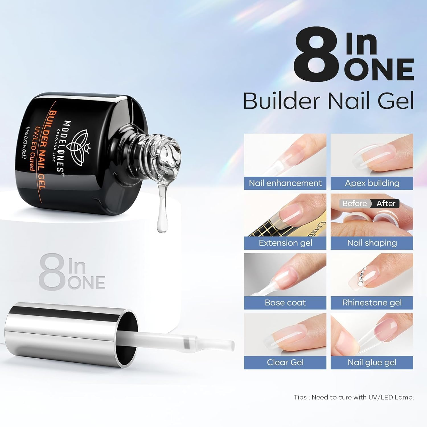 Modelones Builder Nail Gel with Nail Dehydrator and Primer - 3Pcs Clear Gel Builder Acid Free Nail Prep Dehydrate & Bond Primer for Nail Thickening Apex Building Nail Extension, LED Nail Lamp Cured image number 6