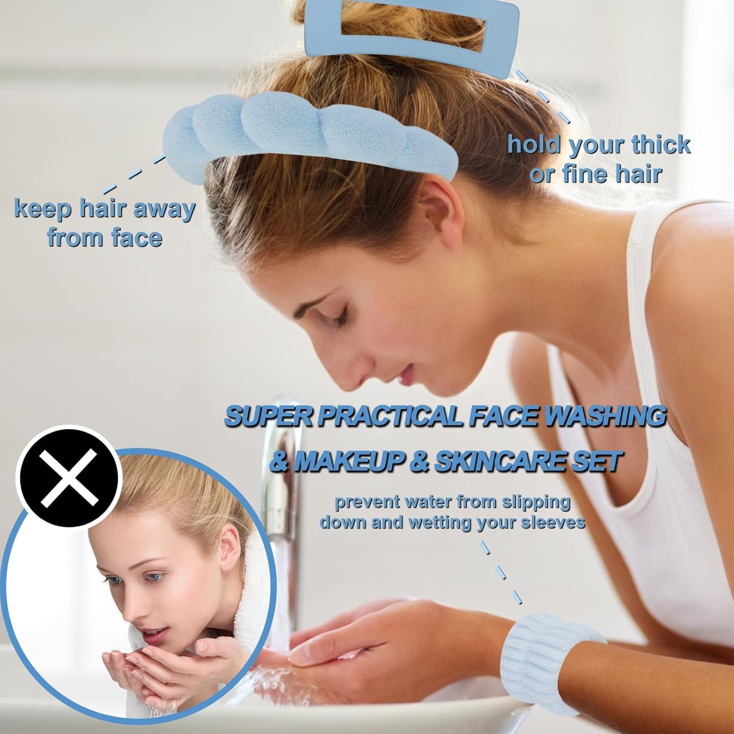 Blue Spa Headband and Wristband Set for Skincare, Prevent Water Slipping and Keep Hair Away with 2 Styles (Blue) - Geiwogwc image number 4