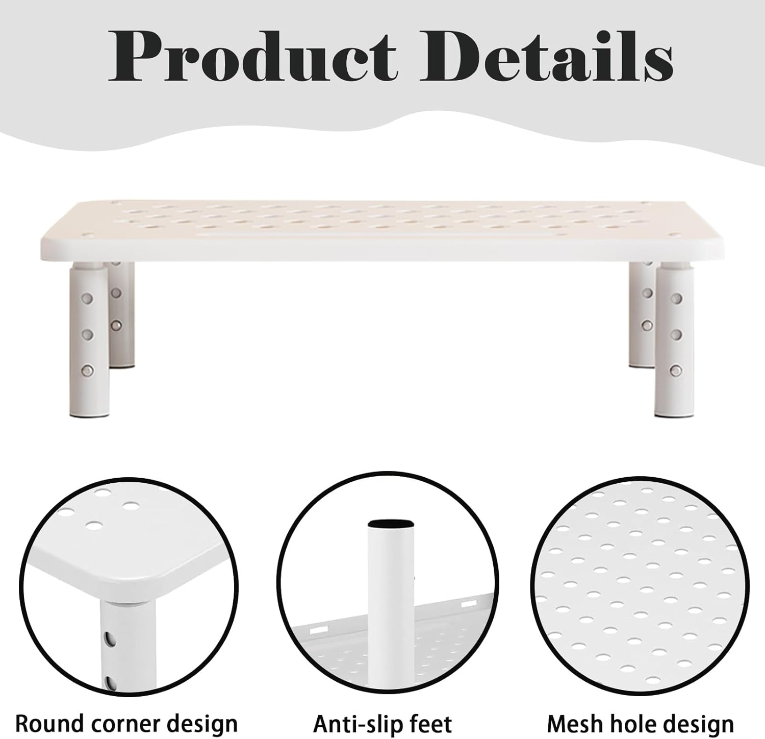 1 Pack White Metal Monitor Stand Riser, 3 Height Adjustable, Mesh Holes, Metal Shelf Holder, Screen Floor Stand Riser image number 1