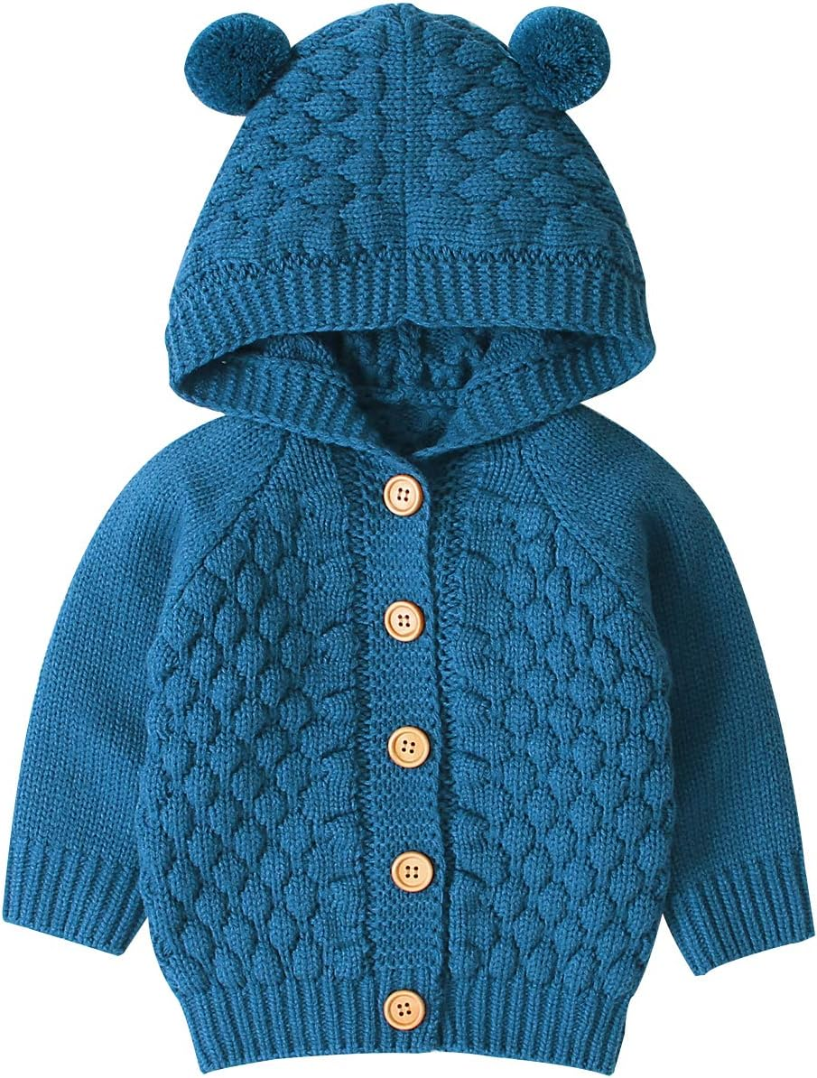 Newborn Baby Girls Boys Knit Cardigan Ear Hooded Sweater, Infant Button-Down Cotton Outfits, Unisex Baby Basic Clothes
