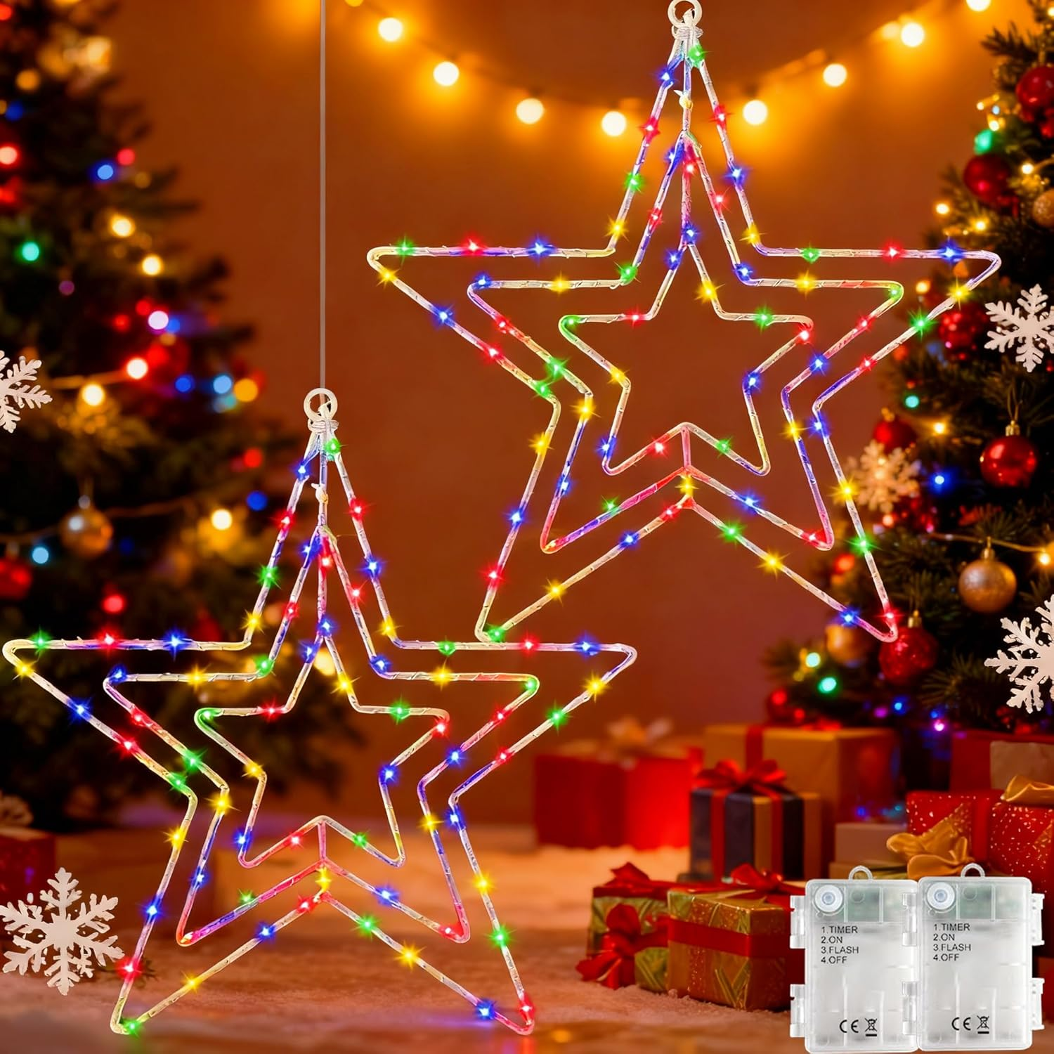 Joysing Christmas Decoration Window Pack of 2 Christmas Star Window Battery Operated with Timer, LED Star Waterproof Christmas Lighting 3-In-1 Luminous Star for Indoor Outdoor Christmas Decoration image number 3