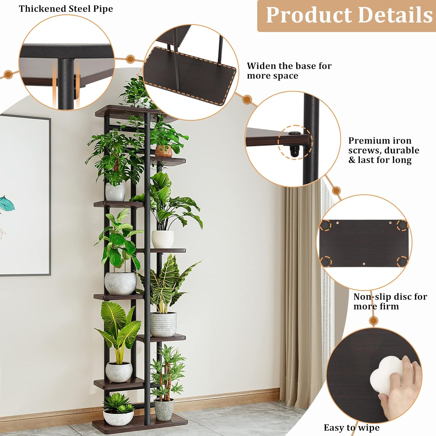 YOCOMEY Wood 8 Tier 9 Potted Tall Plant Stand Metal Rack, Multiple Flower Pot Holder Shelves Rack, Planter Shelf Display Rack Storage Organizer for Balcony Garden Indoor Outdoor Corner(Black) - White image number 7