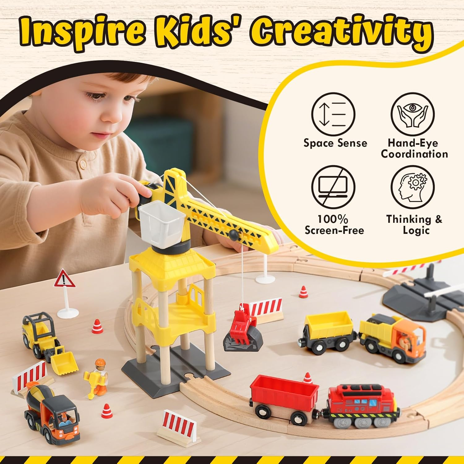 Lehoo Castle Wooden Toys, Wooden Train Set, Building & Construction Toys Trains & Train Sets, Kids Toy S for 3 4 5 Year Old Boys with Excavators, STEM Toy for Boys Girls