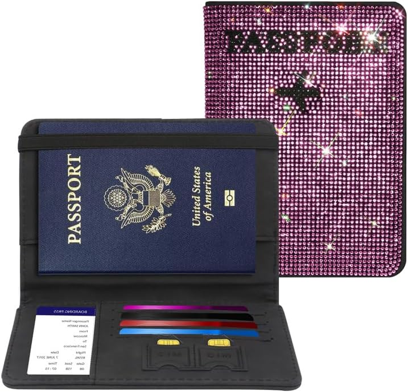 MYHOBBY Shiny Rhinestone Passport Holder Cover Wallet Case Travel Essentials Passport and Vaccine Card Holder,Vacation Travel Accessories for Men Women,Pink image number 3