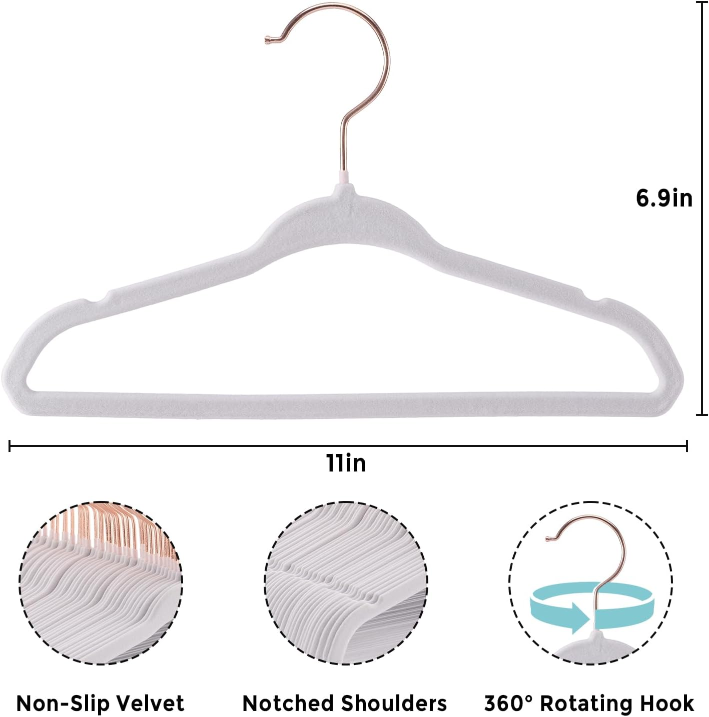Tonswachic Kids Velvet Hangers - 11 Inch Non Slip Toddler Hangers - 50 Pack with 10 Finger Clips, White image number 7